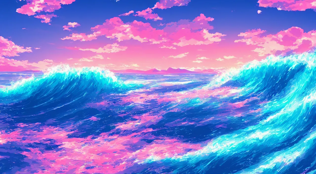 Image similar to anime landscape wallpaper, waves simulated crystal clear waves, ocean cliff side, pink, blue, and orange clouds