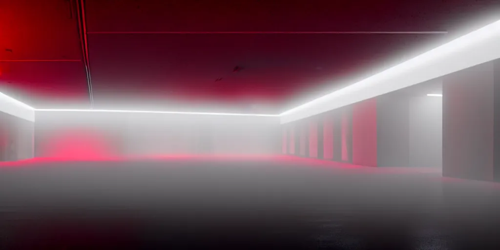 Image similar to a long angle shot of a big dark room with white lights on the celling and a long hallway at the end of the room with red lights on the celling, highly detailed, unreal engine, 4 k, dark, moody, foggy, game render, hyper realistic