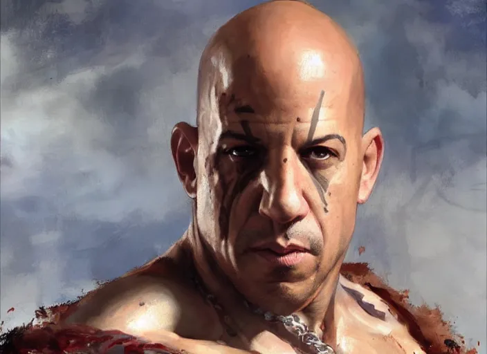 Image similar to a highly detailed beautiful portrait of vin diesel as kratos, by gregory manchess, james gurney, james jean