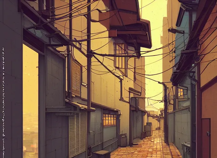 Image similar to window in foreground, tokyo alleyway, rainy day, by cory loftis, makoto shinkai, hasui kawase, james gilleard, beautiful, serene, peaceful, lonely, golden curve composition