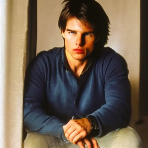 Prompt: a portrait photo of 25 year old tom cruise, with a disappointed expression, looking forward