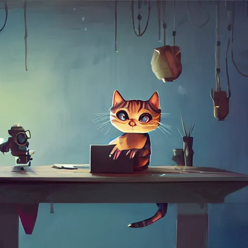 Image similar to a puppet cat is lying on the computer table, characterized by roman shipunov, etienne hebinger, atey ghailan, cgsociety, fantasy art, 2 d game art