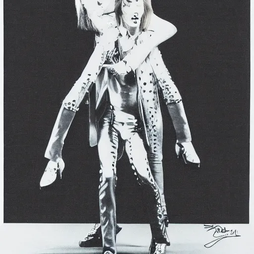 Image similar to david bowie from changes giving a piggy back ride to ziggy stardust. glam rock. by katsushika oi