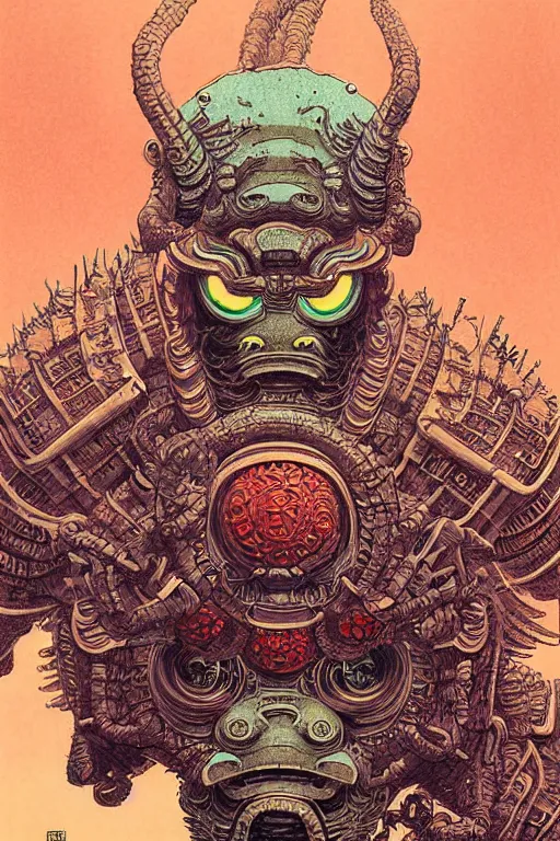 Prompt: japanese oni, character portrait, portrait, close up, concept art, intricate details, highly detailed, cherry blossom, soft light, vintage sci - fi poster, in the style of chris foss, rodger dean, moebius, michael whelan, and gustave dore