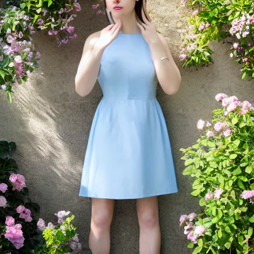 Image similar to portrait of a lady wearing a light blue dress, light, airy, garden, photorealistic, extreme detail, sharp focus, 8 k, intricate, hyper detailed, realistic, cinematic lighting