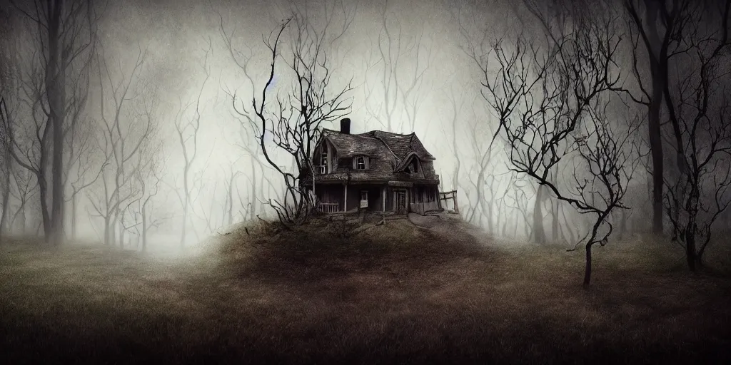 Image similar to fun strange darkness house, inspired by Tim Burton, (by Tim Burton) dark forest background dead tree, mist, fog, volumetric lighting