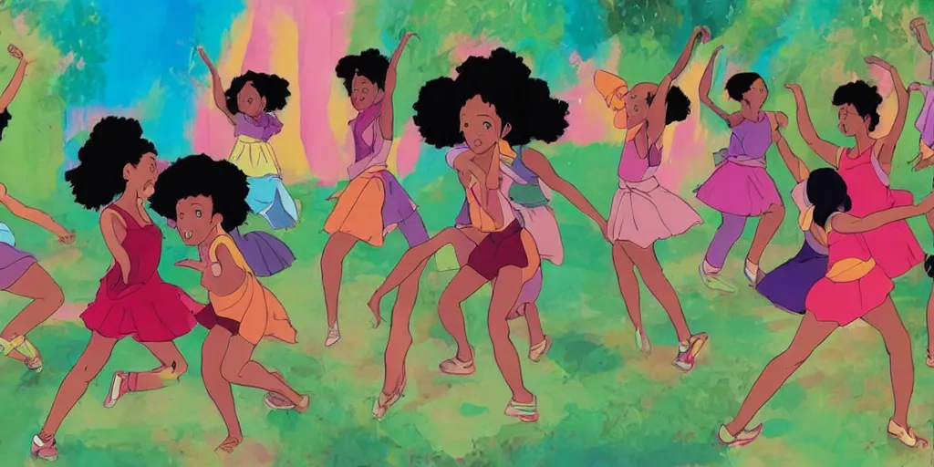 Image similar to colourful, beautiful black girls dancing ,in the style of studio Ghibli,