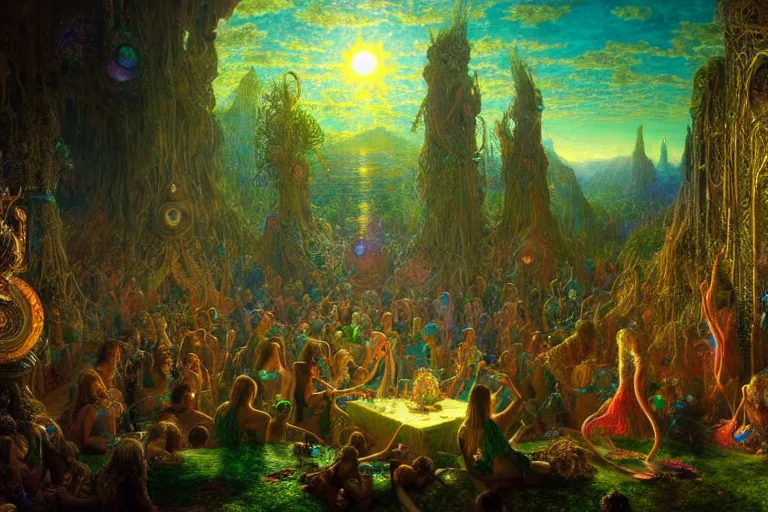 Image similar to a beautiful and highly detailed digital painting of a a psytrance party in another dimension, psychedelic, celtic, intricate details, epic scale, insanely complex, 8 k, sharp focus, photorealism, artstation, cgsociety, by caspar friedrich, albert bierstadt, james gurney, brian froud,