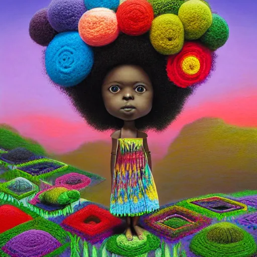 Prompt: symmetry!, wide angle dynamic portrait of a chibbi black girl with a colorful afro in an african zen garden at sunset, macrophotography, felt texture, amigurumi by mark ryden and todd schorr and mark davis and zdislaw beksinski in a surreal lowbrow style, digital paint, matte paint, vivid pastel watercolors, breathtaking landscape