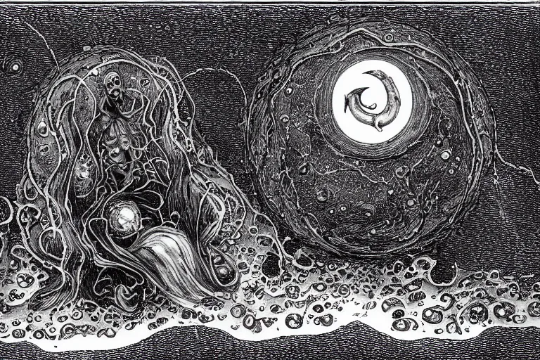 Prompt: Outside the ordered universeis that amorphous blight of nethermost confusion which blasphemes and bubbles at the center of all infinity—the boundless daemon sultan Azathoth, whose name no lips dare speak aloud, and who gnaws hungrily in inconceivable, unlighted chambers beyond time and space amidst the muffled, maddening beating of vile drums and the thin monotonous whine of accursed flutes. Colored. From artstation Painted by Wayne Barlowe and Zdislav Beksinski