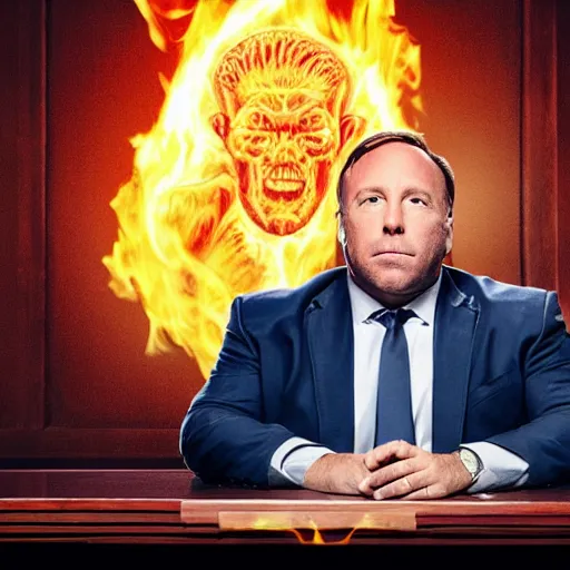 Prompt: alex jones on witness stand with his head on fire