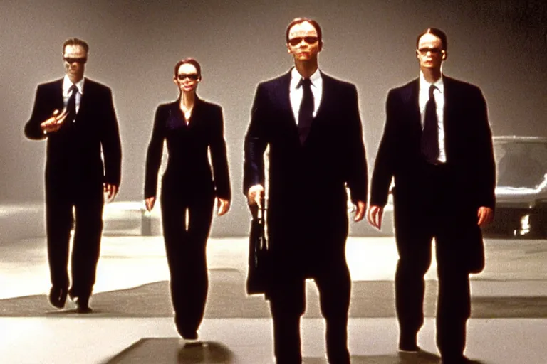 Prompt: a film still of bill gates as agent smith from the movie the matrix ( 1 9 9 9 )
