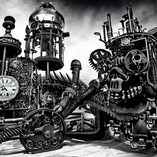 Image similar to a nightmare machine, steampunk, black and white