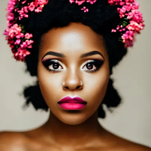 Image similar to Photo of a black woman, pretty make-up, flower crown, bold, self-confidence, cinematic focus