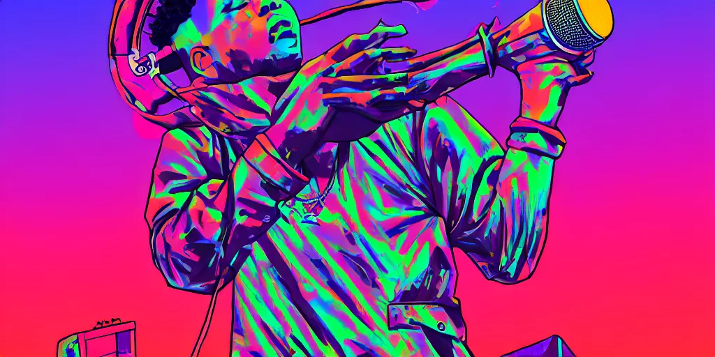 Image similar to rapper performing at huge festival holding microphone, epic angle, digital art, vaporwave, psychedelic, surreal, hip hop, trending on Artstation, professional artist, detailed, 4k