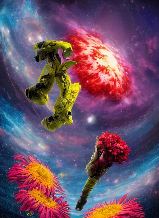 Image similar to An epic fantastic realism comic book style painting of the most beautiful flowers launched into space, nearby stars, dark cosmos, bouquets, fisheye lens, unreal 5, DAZ, hyperrealistic, octane render, dynamic lighting