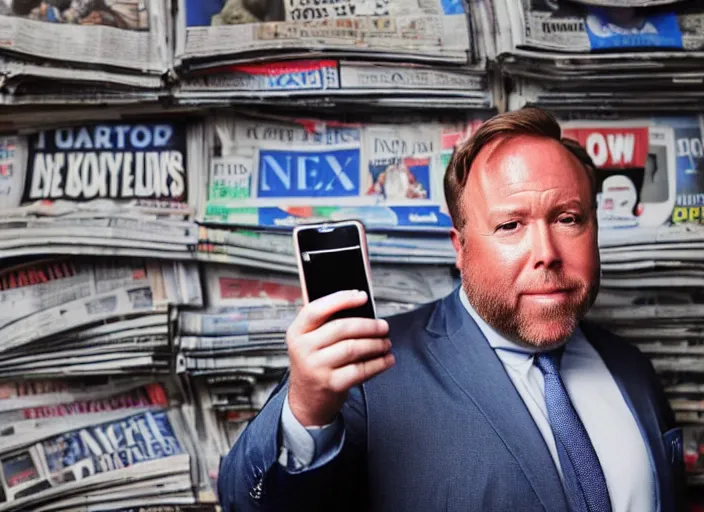 Prompt: dslr photo still of infowars host alex jones in a blue suit fat grey beard and mustache in a!!! room filled to the ceiling with newspapers newspapers to the ceiling newspapers everywhere stacks of newspapers!!!!!! looking at an iphone in shock gazing at an iphone in his hand scared look at iphone being held up!!!, 5 2 mm f 1. 8