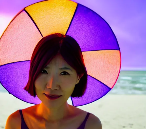 Prompt: a photo of a japanese woman in a beach at a colourful lighting, purple and yellow lighting