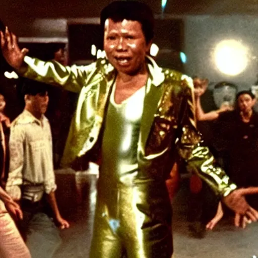 Image similar to A movie still of Pol Pot wearing a disco suit in Satuday Night Fever