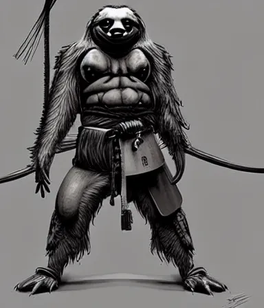 Image similar to graphic, hyperreal illustration of anthropomorphic sloth in traditional samurai armor : : digital art, concept art, character development : : illustrated by artgerm, yoji shinkawa, scott buoncristiano, nychos