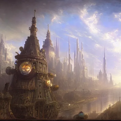 Image similar to enormous flying city in a faberge egg, sky, steampunk, fantasy art, masterpiece, hugh ferriss, unreal engine, andreas achenbach cloudy background, latticework