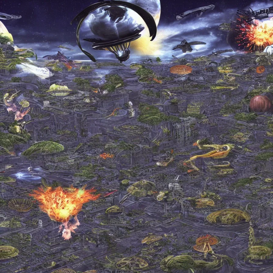 Prompt: realistic detailed image of aliens and ufos, detailed, 4k, vivid, japanese kanji everywhere, ps1 game graphics