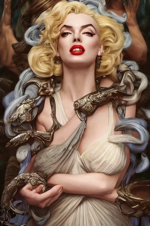 Image similar to ultra realistic illustration, a stunningly beautiful greek goddess of chaos played by marilyn monroe and christina hendricks and margot robbie and taylor swift and megan fox and emma stone and britney spears, intricate, elegant, highly detailed, digital painting, artstation, concept art, smooth, sharp focus, illustration, art by artgerm and greg rutkowski and alphonse mucha