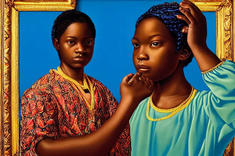 Image similar to a girl adventurer with iridescent skin by kehinde wiley