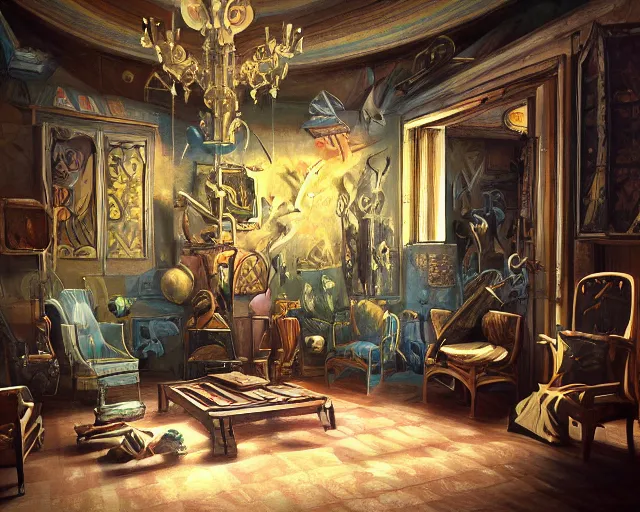 Image similar to a painting of a confusing maximalistic room, an airbrush painting by breyten breytenbach, striking lighting, cgsociety!, neo - primitivism