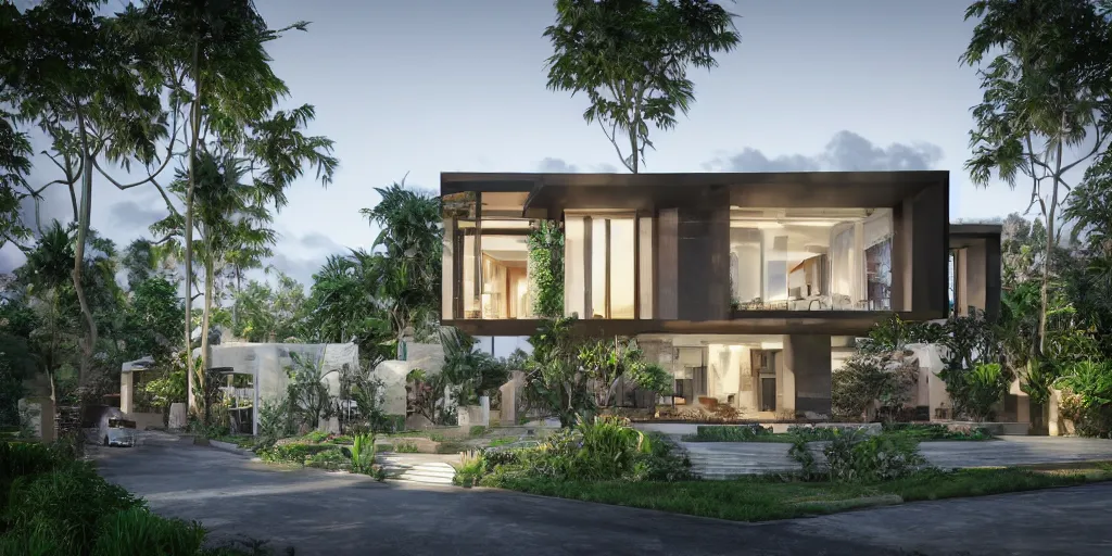 Image similar to 3d rendering of beautiful nature meets architecture concept of a residential house. balinese architecture, volumetric lighting, luxury, high detail, 14mm, cinematic photography, cg architects, high resolution