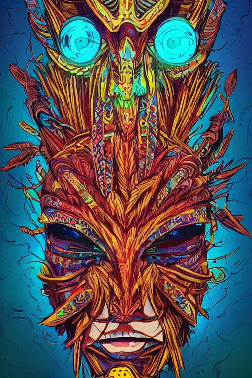 Image similar to totem animal tribal chaman vodoo mask feather gemstone plant video game illustration vivid color borderlands by josan gonzales and dan mumford radiating a glowing aura