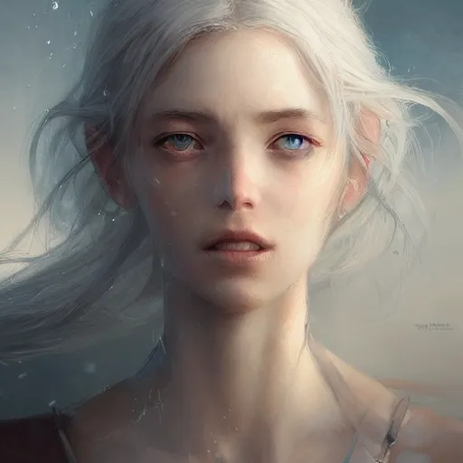 Image similar to a portrait of a beautiful hopeful lady with pretty eyes, beautiful eyes, highly detailed eyes, looking up, looking up, light smiling, art of wlop and greg rutkowski, intricate, high details, eyes, epic fantasy art, cgsociety, trending on artstation, bright light masterpiece, ray of light through white hair