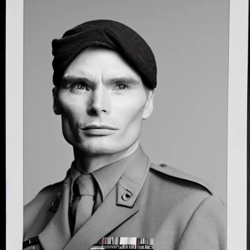 Image similar to cillian murphy in a world war ii uniform, black and white film photography, realistic face, cabinet card, 2 5 mm lens, cinematography by roger deakins