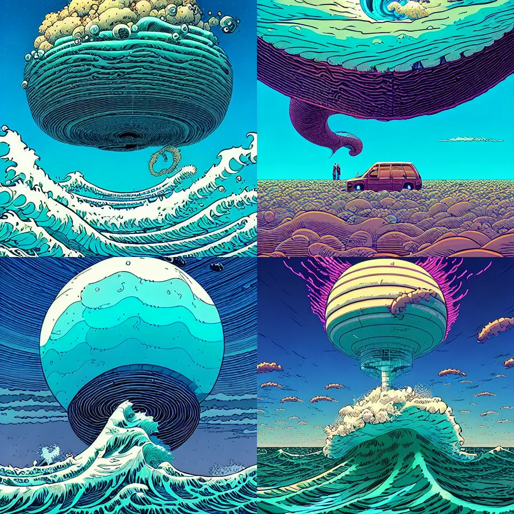 Prompt: an ocean wave swirling in the sky by simon stalenhag and geoff darrow and dan mumford, surrealism, hyper detailed