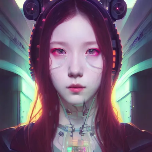 Image similar to portrait painting of cyberpunk chuu loona kpop smiling cheerfully, ultra realistic, concept art, intricate details, eerie, highly detailed, photorealistic, octane render, 8 k, unreal engine. art by artgerm and greg rutkowski and magali villeneuve and alphonse mucha