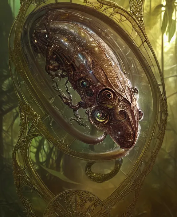 Image similar to intricate ornate opulent transparent clear see - through portrait of a terrifying beautiful male alien rat, mottled coloring, adorable, childlike, overgrown jungle environment, ultra realistic, concept art, art nouveau, photorealistic, octane render, 8 k, unreal engine. art by christopher marley and artgerm and greg rutkowski and alphonse mucha