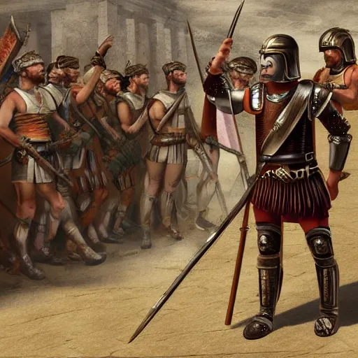 Prompt: a roman soldier in front of his army, ancient rome, digital art, steal armors, photorealistic, highly detailed