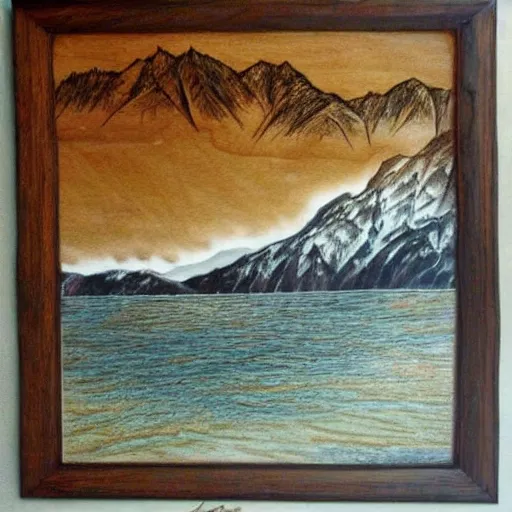 Prompt: lake surrounded by mountains :: very beautiful, dreamy, poetic, melancholy :: pyrography