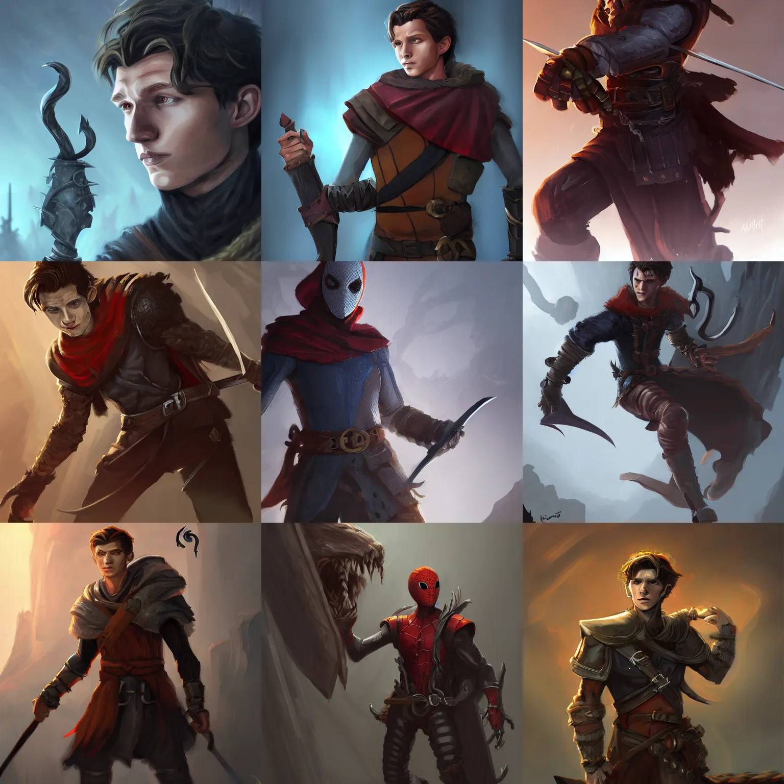 Prompt: dnd rogue male with face Tom Holland as jason, ledding dnd characters as argonauts, Colchians painting, dynamic lighting, photorealistic concept art, trending on art station, stunning visuals, creative, cinematic, ultra detailed