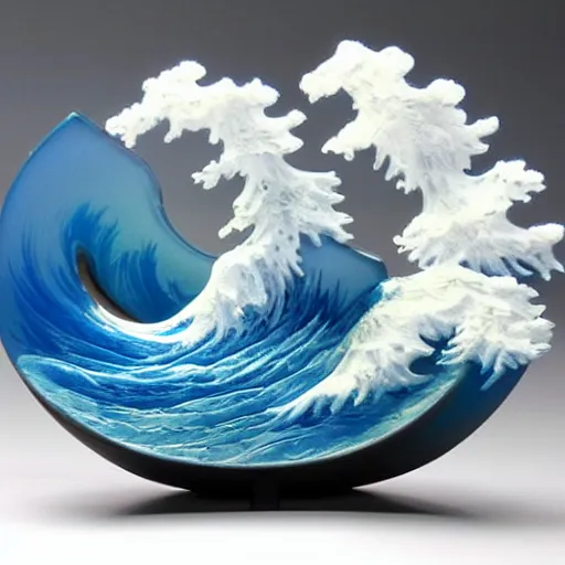 Prompt: a blown glass sculpture of a wave on a table in the style of the great wave off kanagawa, texture by ivan aivazovsky!