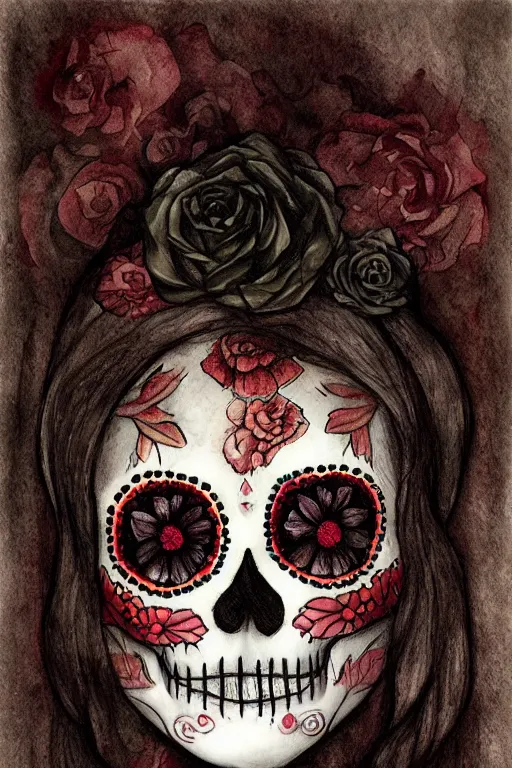 Prompt: Illustration of a sugar skull day of the dead girl, art by katia chausheva