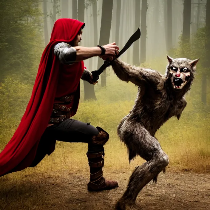 Image similar to photograph of a real-life beautiful reed riding hood warrior confronting a werewolf. 8k