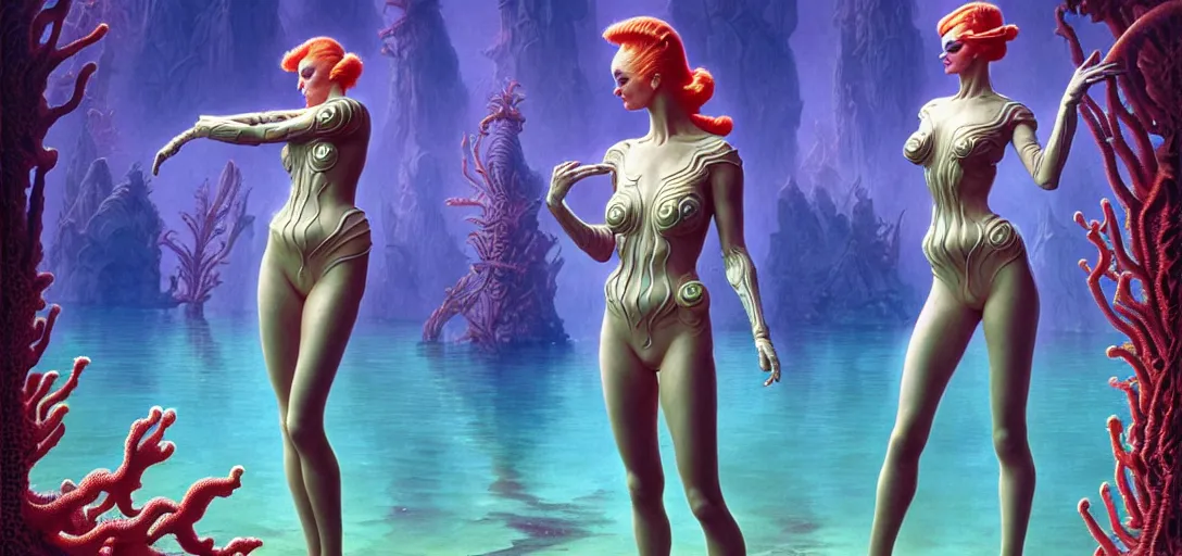 Image similar to beautiful alien women wearing ornate plastic armor bathing in a luminous lake in the style of roger dean and alberto vargas and stefan kostic, realistic, photoreal, sharp focus, 8 k high definition, insanely detailed, intricate, elegant, art by greg rutkowski and artgerm, extreme blur coral reef background