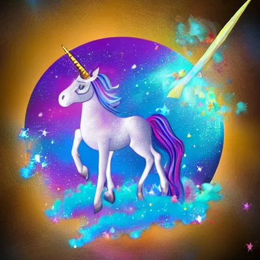 Image similar to a unicorn with a mermaid tail floating in space