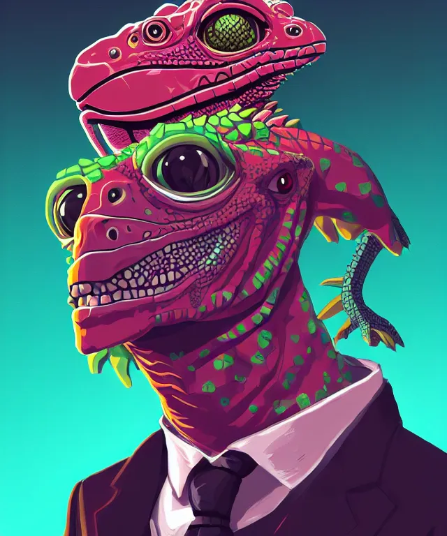 Image similar to a portrait of an anthropomorphic iguana wearing a suit, cyberpunk!, fantasy, elegant, digital painting, artstation, concept art, matte, sharp focus, illustration, art by josan gonzalez