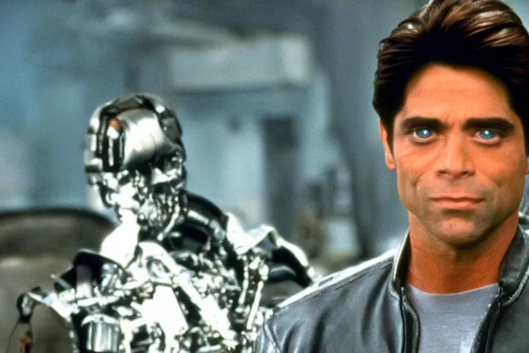 Prompt: uncle jesse from full house looks like a terminator, metal on his face, one red eye, movie still, from the movie terminator 2 judgement day, 8 k, cinematic lighting
