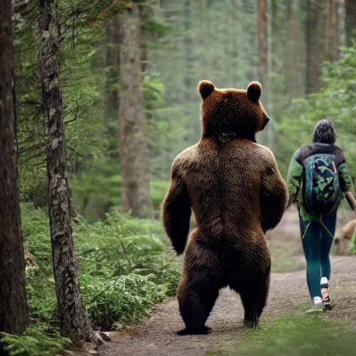 Image similar to a bear chasing a person wearing a backpack in the forest