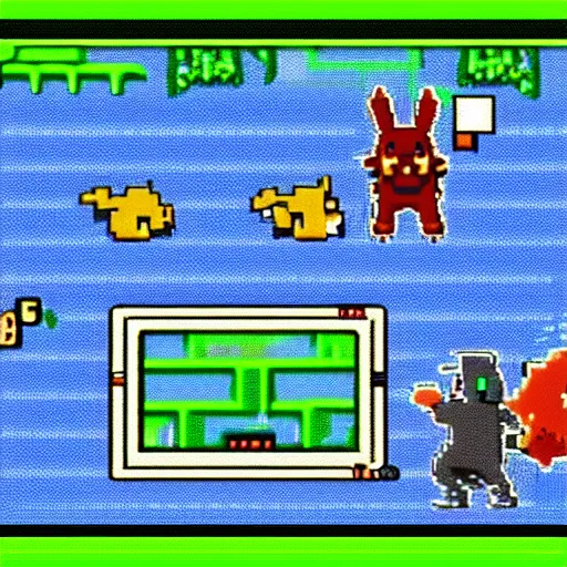 Image similar to a gameboy screenshot of a pokemon fight between onyx and pikachu, both holding firearms