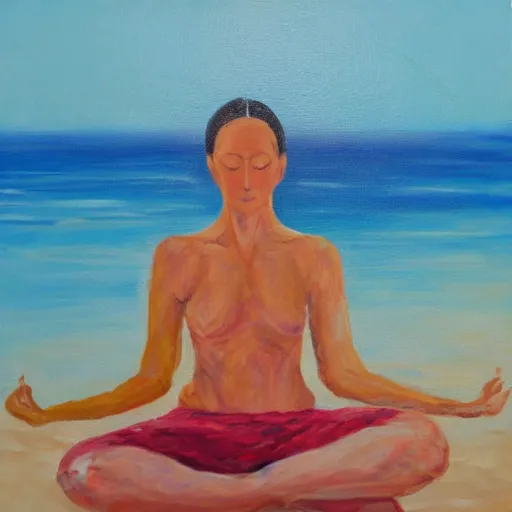 Prompt: freckled woman meditating on beach in caribbean, oil on canvas