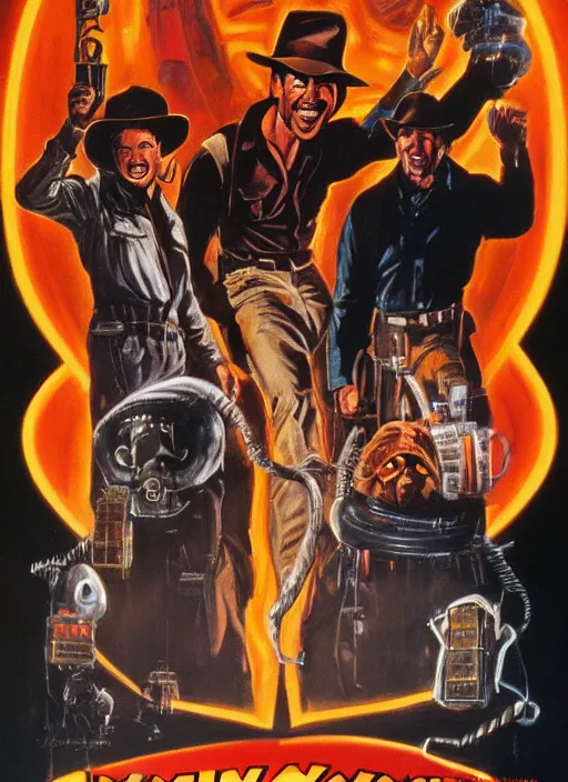 Image similar to science fiction 1 9 8 6 poster for indiana jones and the ghostbusters. oil on canvas. print.